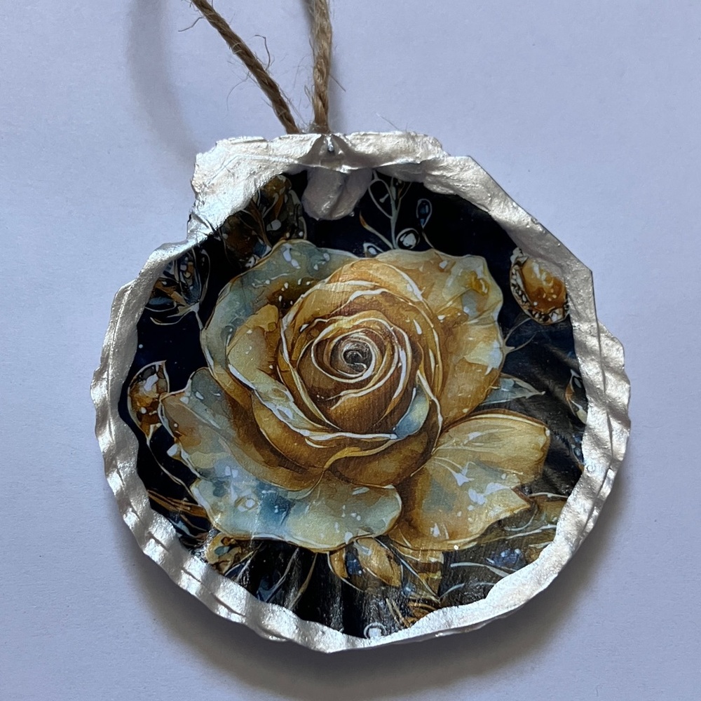Handcrafted Shell Ornament Golden Rose Pearl Metallic Decoupage